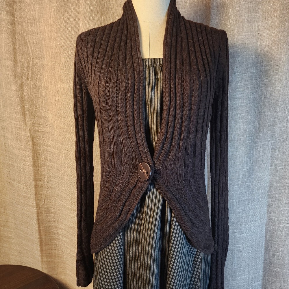 Jones New York Signature Petite Brown Cable Knit Single Button Cardigan PS